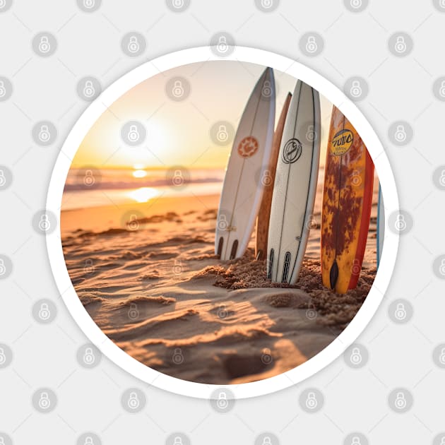 Surfboards on the sunset beach sand Surf lifestyle Magnet by jjmpubli